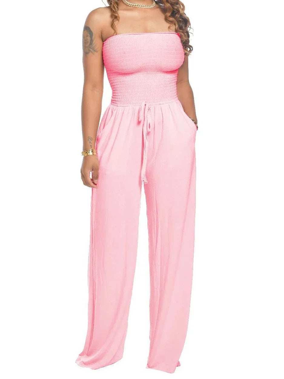 Jumpsuits Women Bodysuit One Pieces Outfits Romper Sexy Flat Shoulder Wrapped Chest Wide Leg Siamese Summer Female Clothing