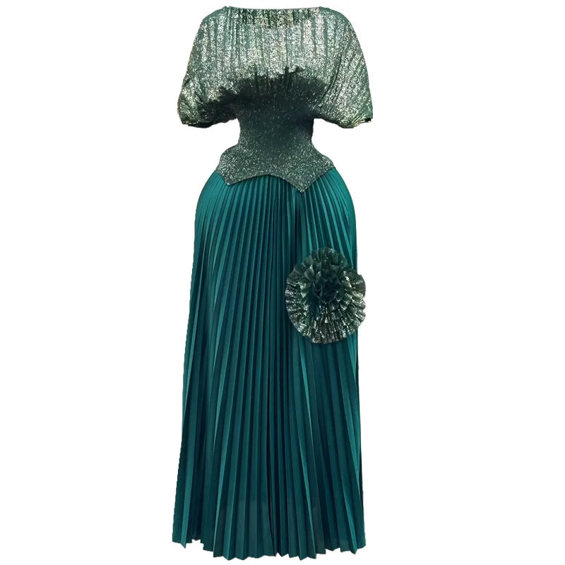 2 Piece Pleated Top Long Skirt Set