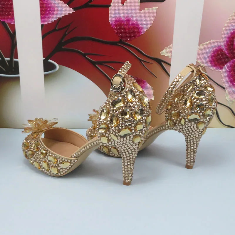 BaYa Fang Champagne Crystal Bridal Party shoes bag Set Women Thin Heel Wedding Evening shoes Open Toe Sandals Ankle Strap Female