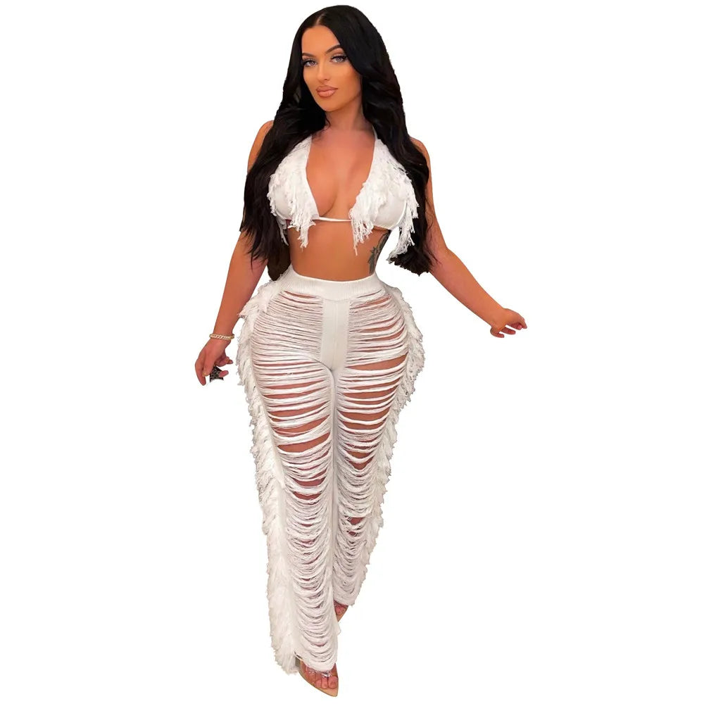 Sexy Bra Crop Top Pants Hollow Out Set