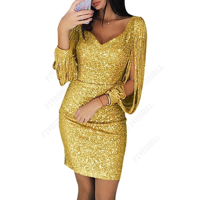 Spring Plus Size Dresses for Women Y2K V-neck Tassel Bag Hip Vestidos Sequins Flapper Design Fashion Party Costumes