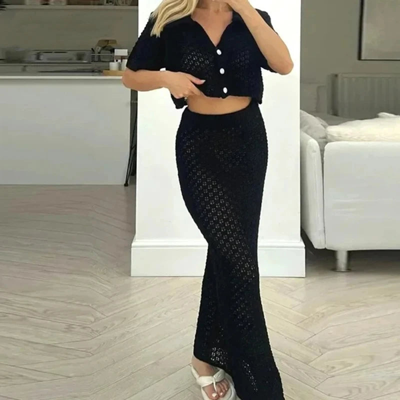 ALLUKASA Knitted Hollow Out Women Skirt Sets Single Breasted Short Sleeve Cardigan Long Skirts Fashion Casual Beach 2 Piece Sets