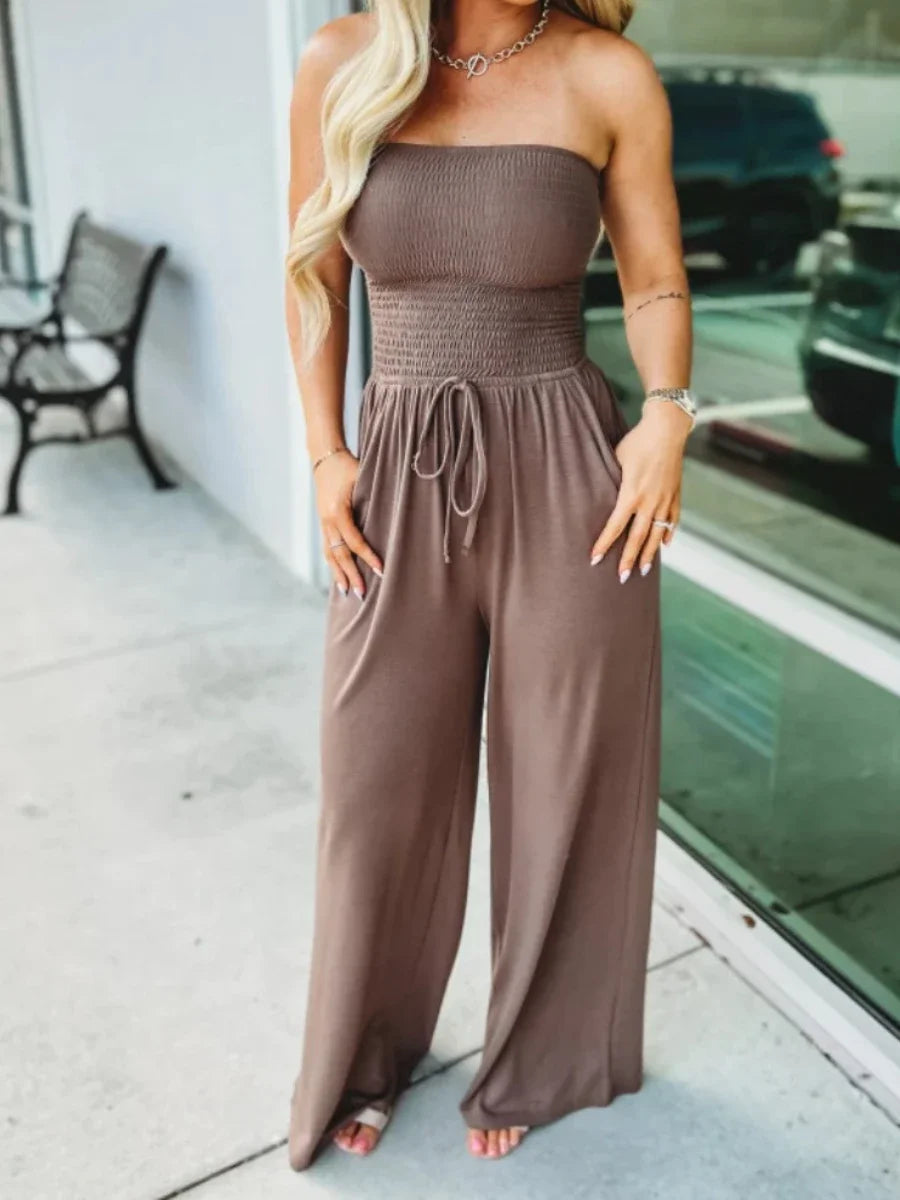 Jumpsuits Women Bodysuit One Pieces Outfits Romper Sexy Flat Shoulder Wrapped Chest Wide Leg Siamese Summer Female Clothing