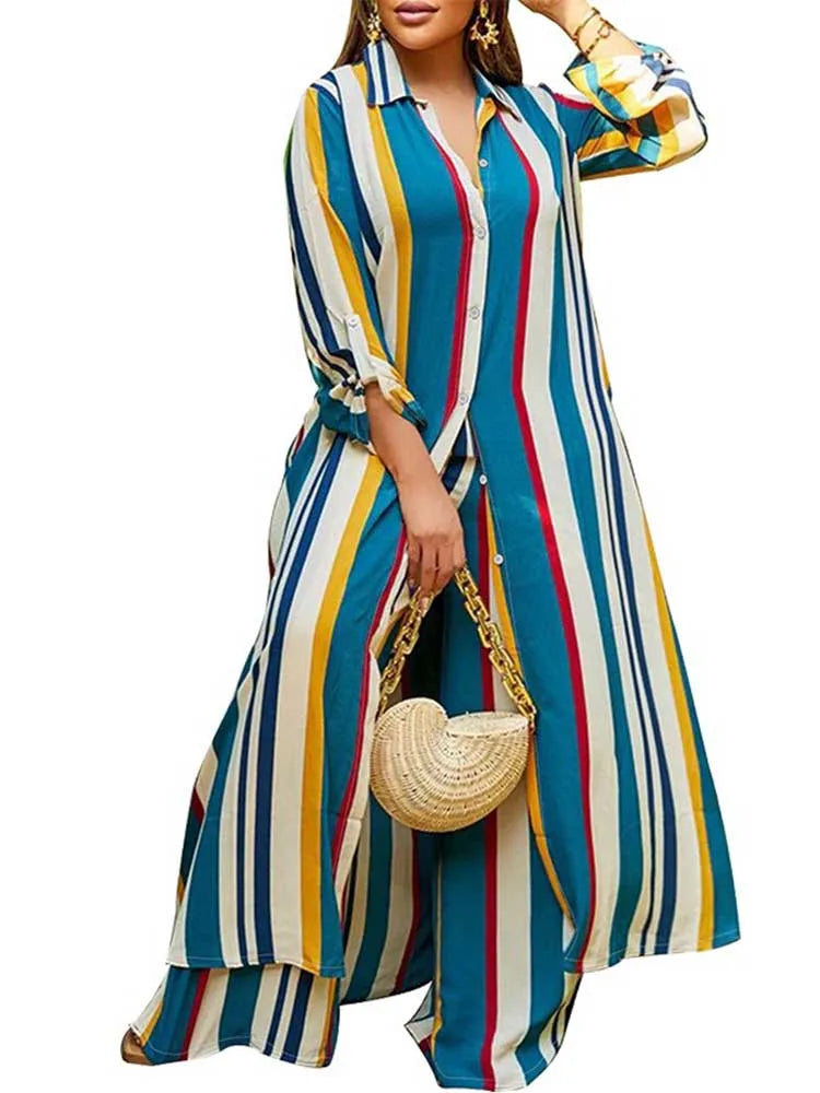 Elegant 2-piece Sets for Women Fall Winter Outfits Pants Suit with Long Shirt Blouse Full Sleeve Striped Plus Size Matching Sets