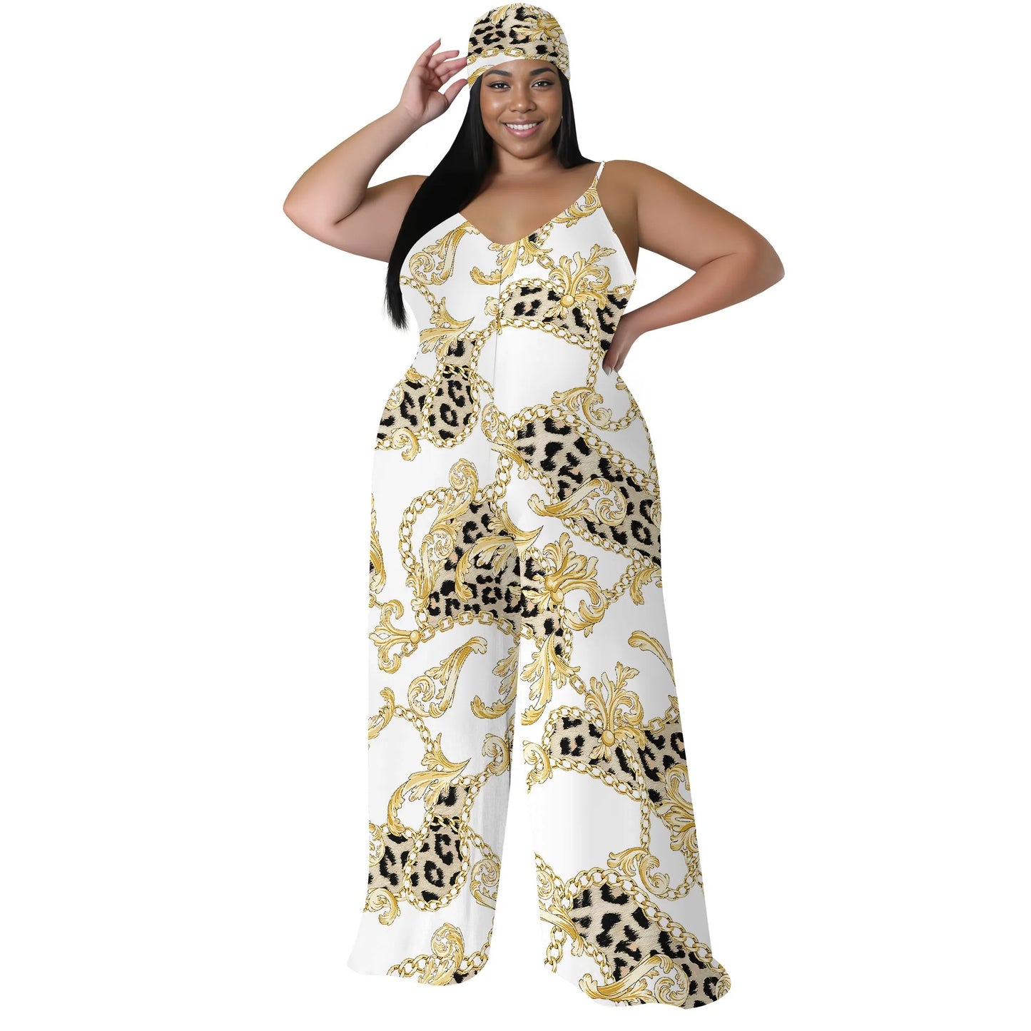 Plus Size Printed Jumpsuit - Strapless Wide Leg Romper with Scarf, Boho Palazzo Pants for Women