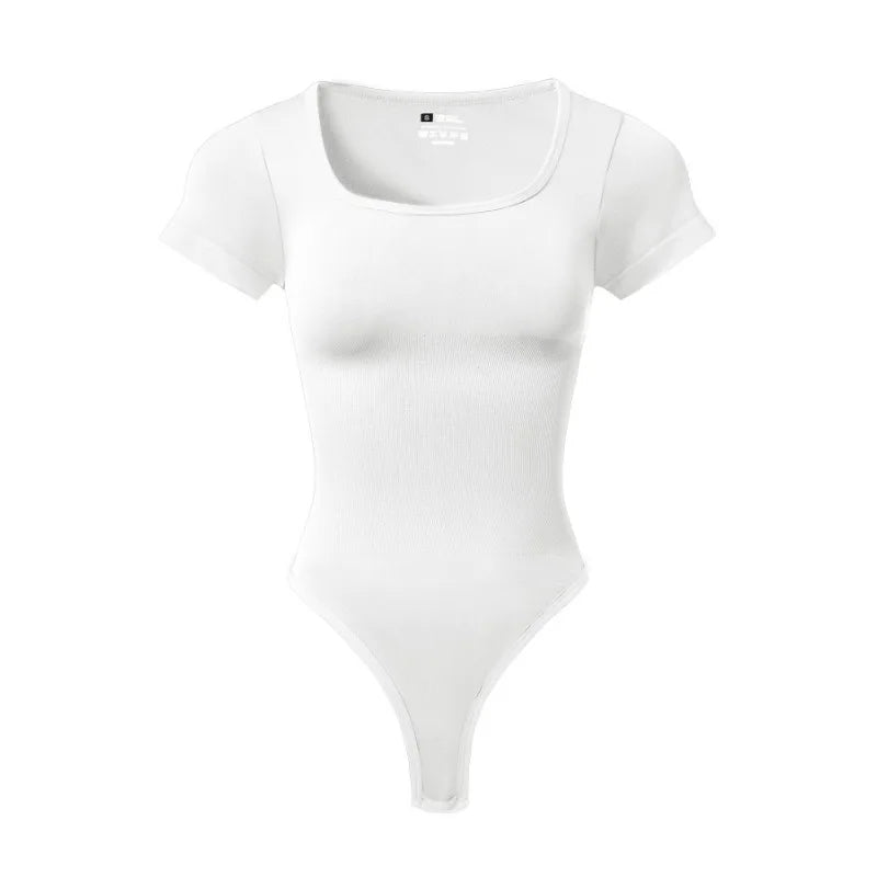 Women Plus Size Yoga Jumpsuit Seamless Square Neck T-shirt High Elastic Workout Running Sport Jumpsuit Solid Ribbed Jumpsuit Top