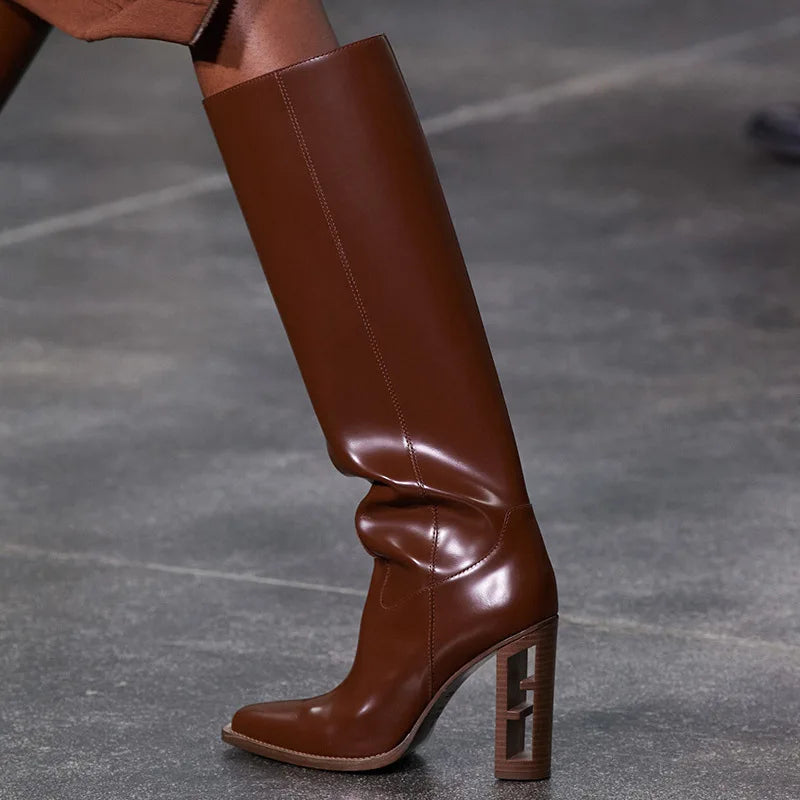 Pointed Toe Leather Knee High Boots