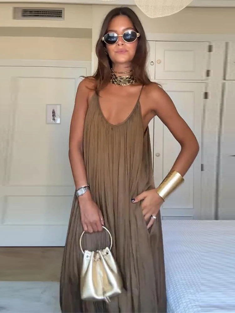 Women‘s Loose Slip Jumpsuits Overalls 2025 Summer V Neck Sleeveless Pocket Baggy Wide Leg Pants Fashion Female Street Playsuit