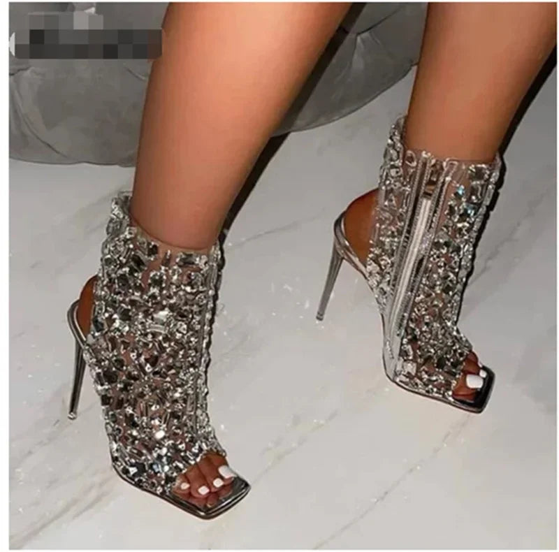 Brand Design 2023 New Crystal/rivet Zipper Sandals Stage Banquet Nightclub High Heels Women Shoes Apricot Silver Dress Matching