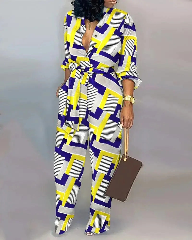 High-Waist Casual Straight-Leg Loose Printed Jumpsuit