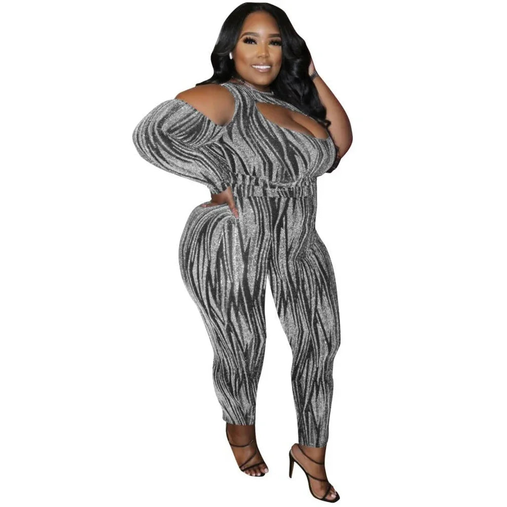 Sexy Jumpsuits Plus Size Women Clothing Single Long Sleeve Hollow Out Club Outfits Bodycon Stretch Wholesale Drop Shipping