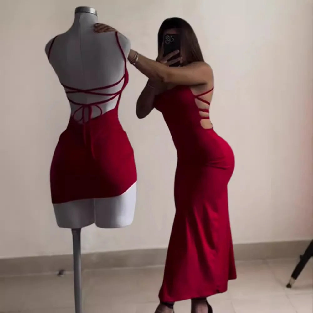 2025 Dress Women Elegant Fashion Beautiful Women's Dress Sexy Women's Bodycon Sleeveless Halter Back Tie Backless Split Dresses