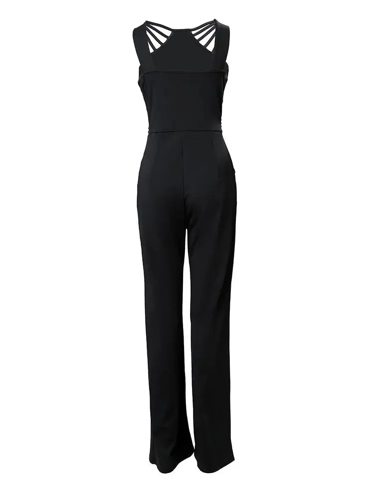 Summer Jumpsuits Women 2025 New Fashion Office One Pieces Black Multi Strap Sleeveless Rhinestone Bootcut Jumpsuit Overalls