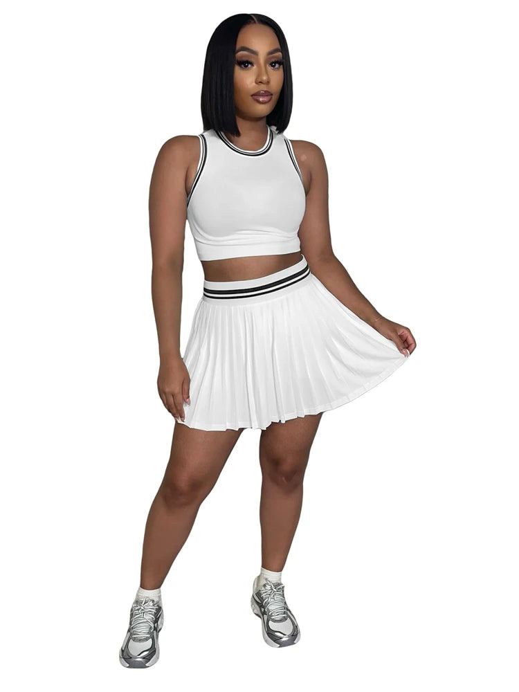 Fashion Women Sets Sleeveless Crop Top Pleated Skirt Suit 2025 Summer Cute Beach Club Knitted Two 2 Piece Set Outfits Tracksuit