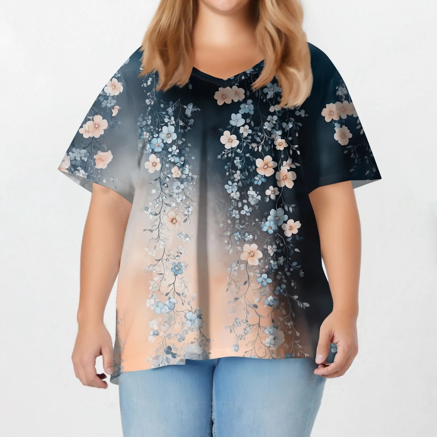 Plus size summer loose t shirt women's fashion casual v neck pullover short sleeve large size floral printed t-shirts top