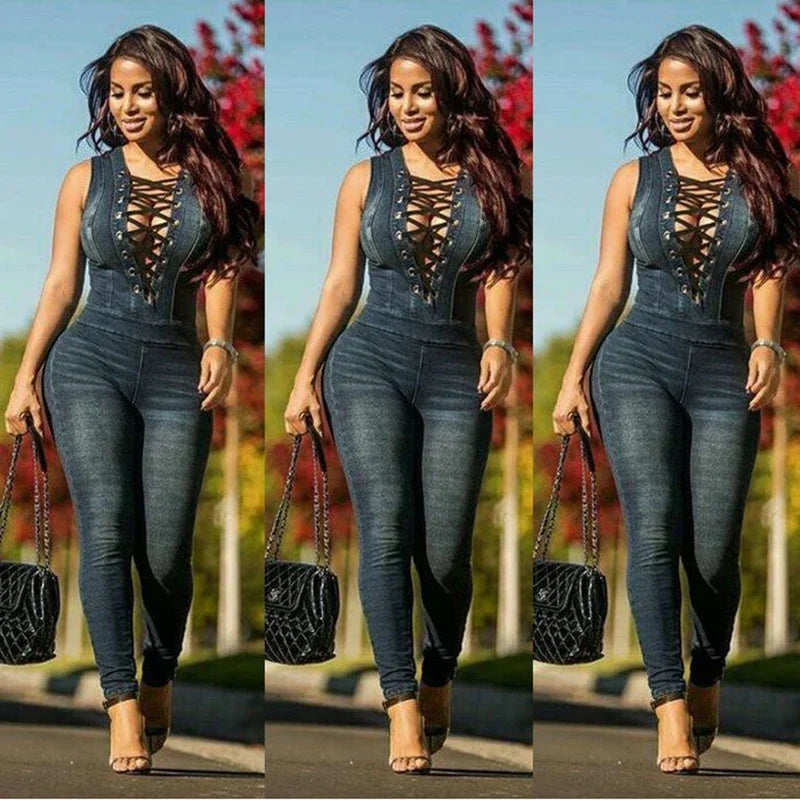Women Denim Jumpsuits Sleeveless Lace Up Eyelet Long Pants Jeans Rompers