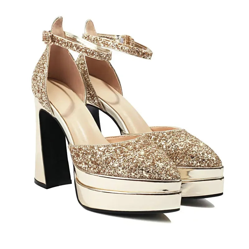 Sequins Glitter Bling Party Bride Shoes Shiny Golden Silver Pointed Toe Platform Mary Janes Summer Thick High Heels Sandals