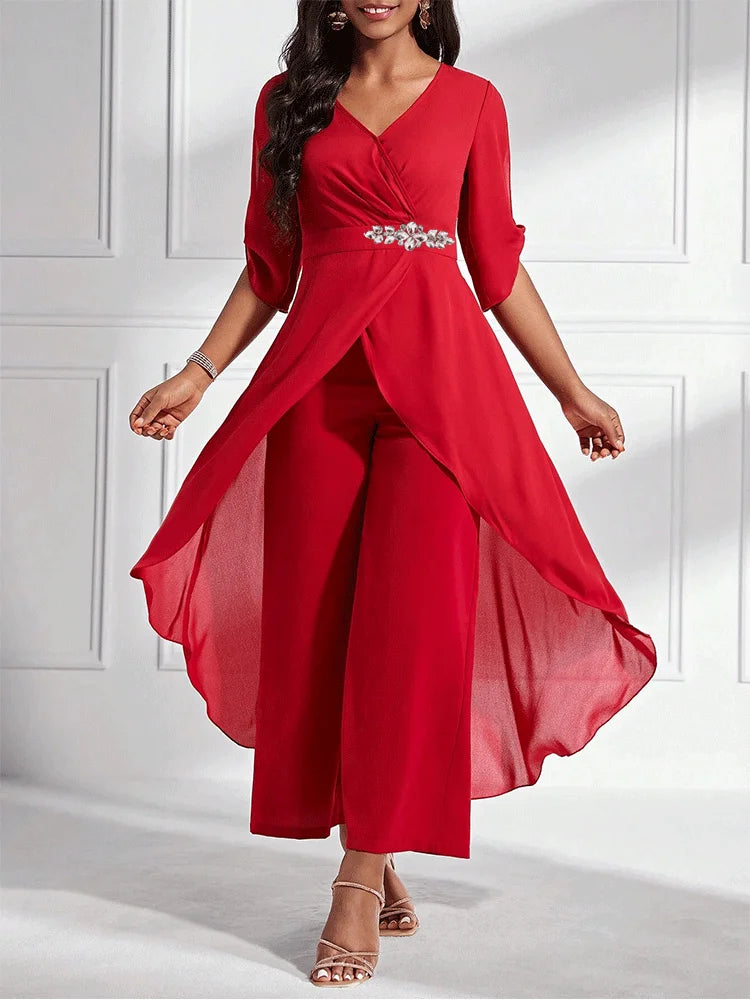 Elegant 2 Piece V-Neck Loose Pants Set