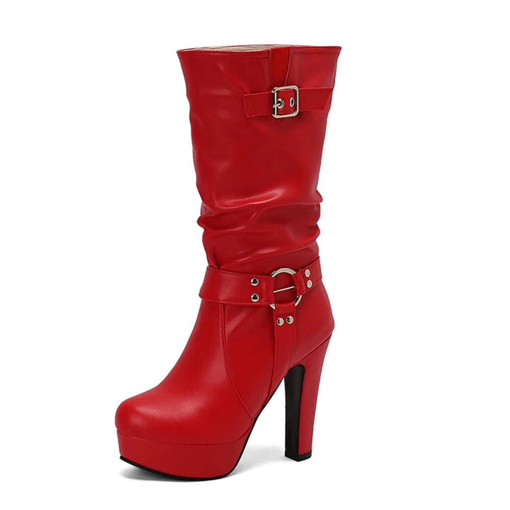 Botines Mujer Fashion Round Toe High-heeled Mid Calf Boots Pleated Waterproof Platform Dress Thick Heel Set Women Boots 338-45