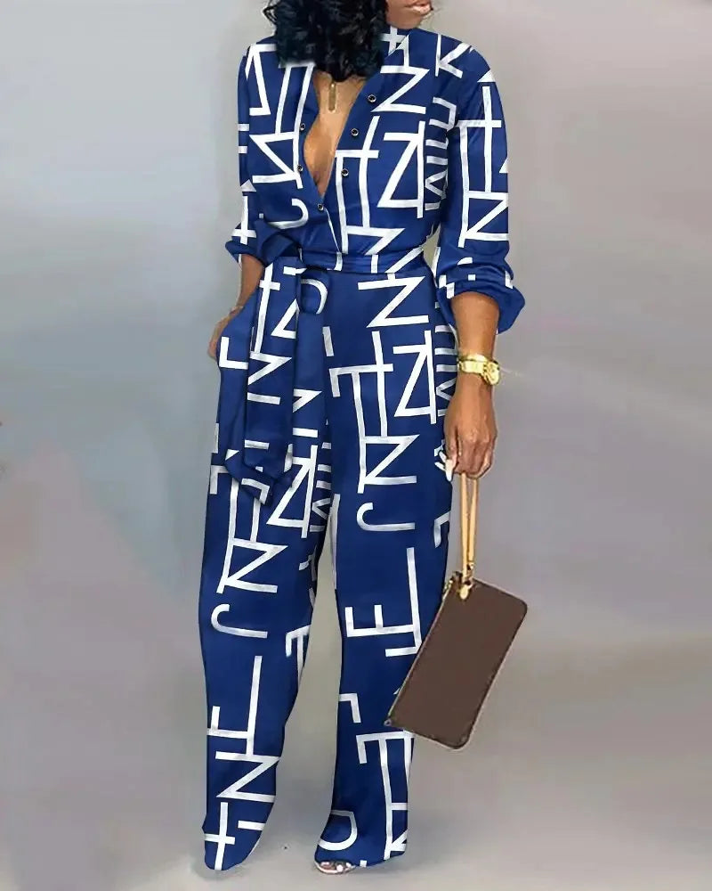 High-Waist Casual Straight-Leg Loose Printed Jumpsuit