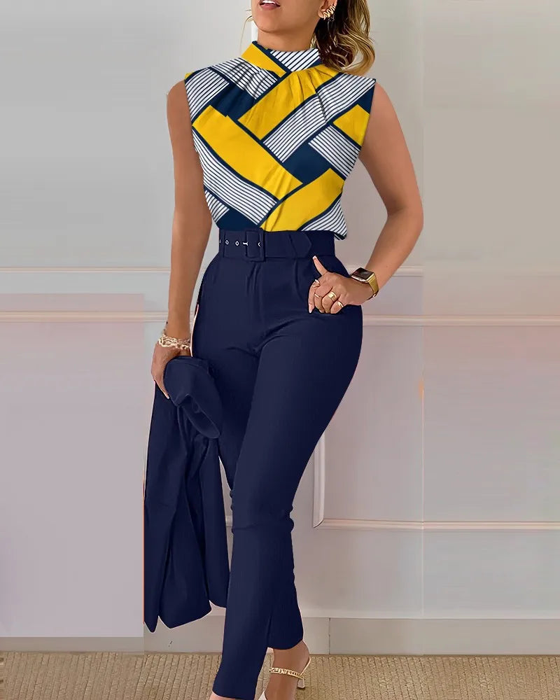 Two Piece Sets Womens Outifits 2023 Summer Fashion Denim Look Print Ruched Sleeveless Waist Pocket Pants Set