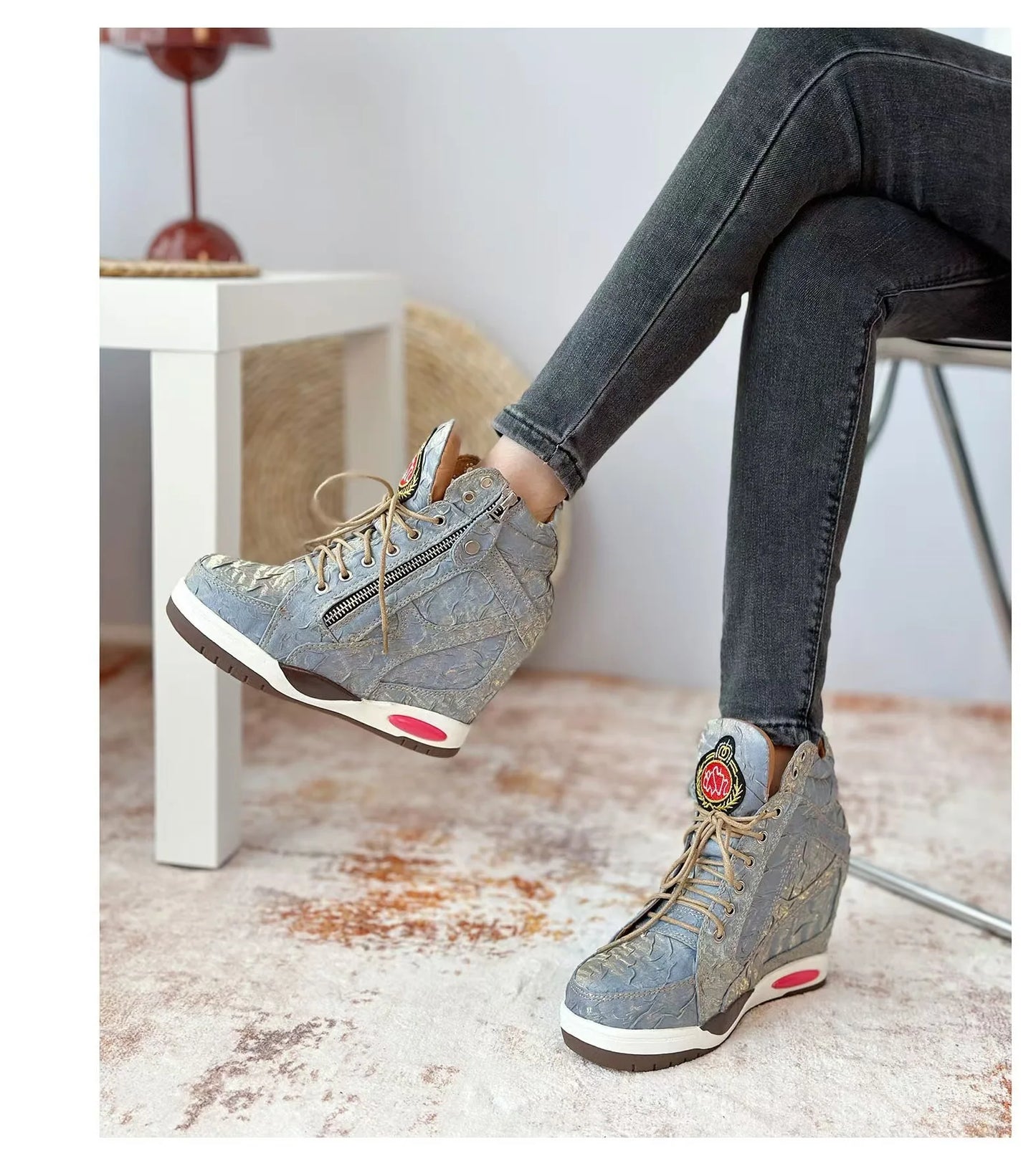 Fashionable and personalized sponge cake inner height increasing thick soled casual lace up short boots for women's autumn shoes