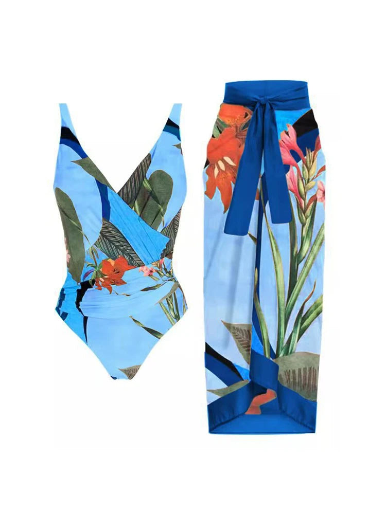 Two Pieces Set Woman Swimsuits 2025 Trend Printed One-piece Swimsuit Sexy Hollowed Out High Waisted Bikini for Beach Vacation