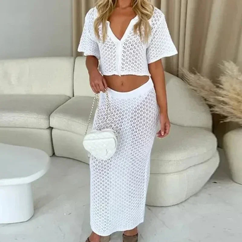 ALLUKASA Knitted Hollow Out Women Skirt Sets Single Breasted Short Sleeve Cardigan Long Skirts Fashion Casual Beach 2 Piece Sets