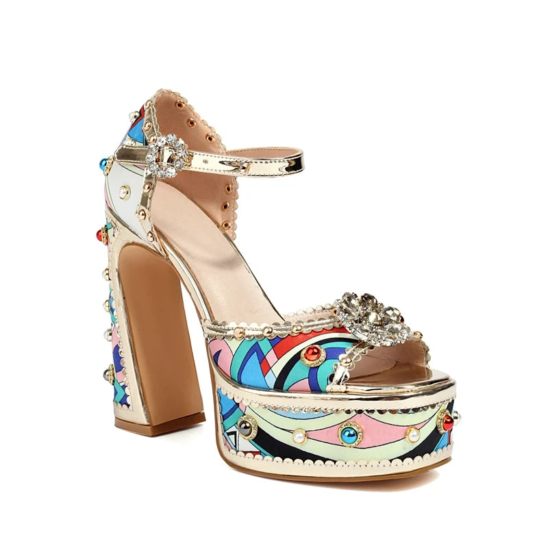 Diamond Pearl Flower Thick Sole Waterproof Platform High Heel Open Toe Heel