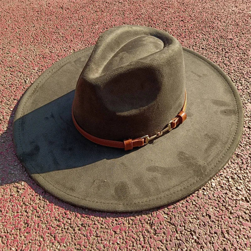 Suede fedora hat with same color accessories teardrop top wide brim hat for men and women Panama hat chapeau homme sombrero