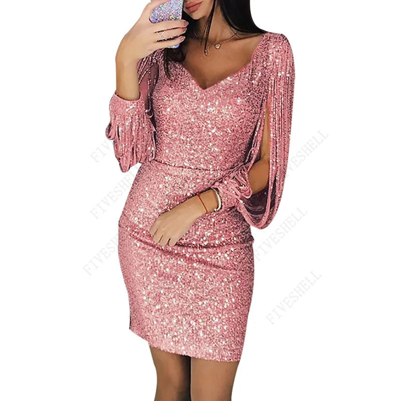 Spring Plus Size Dresses for Women Y2K V-neck Tassel Bag Hip Vestidos Sequins Flapper Design Fashion Party Costumes