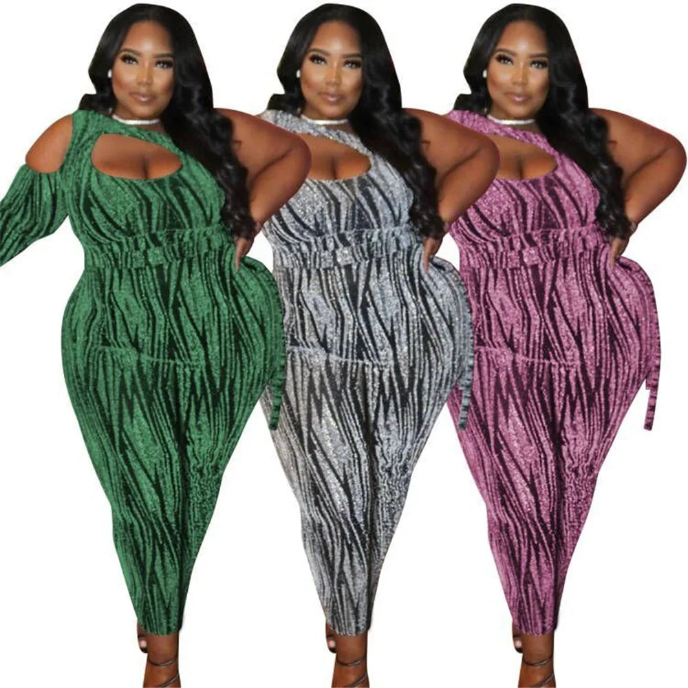 Sexy Jumpsuits Plus Size Women Clothing Single Long Sleeve Hollow Out Club Outfits Bodycon Stretch Wholesale Drop Shipping