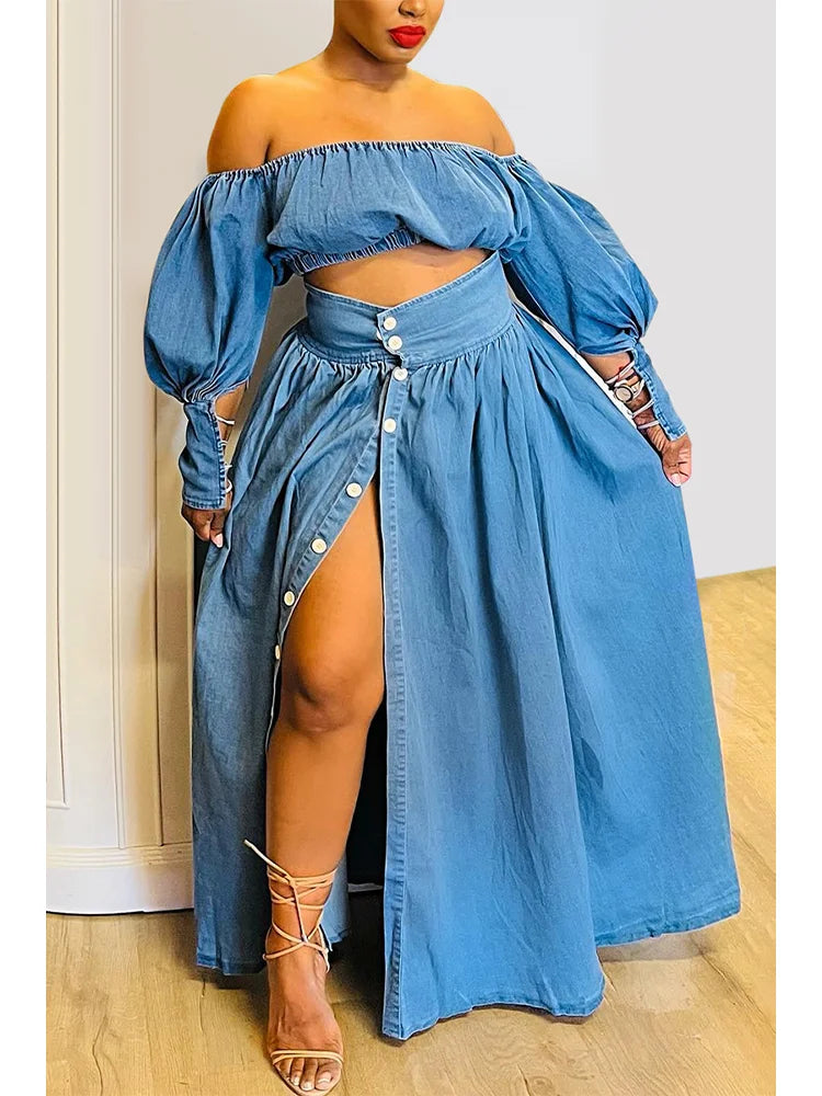 Off The Shoulder 2 Piece Denim Skirt Set