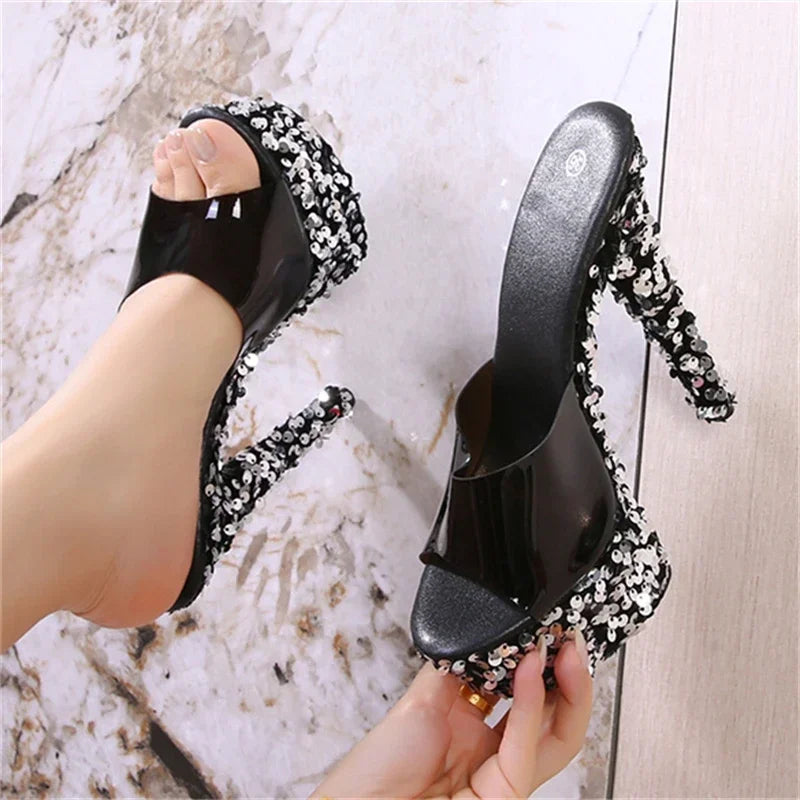 Eilyken Sexy Sequined Cloth Peep Toe PVC Transparent Women Slippers Platform Stiletto High Heels Stripper Party Shoes