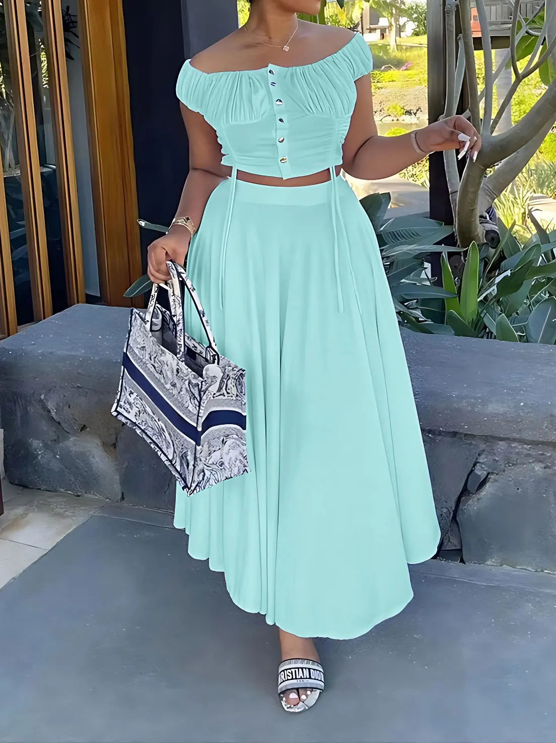 Women's Casual two-piece Summer Solid Off Shoulder Crop Top and Long SkirtSet -Stylish Elegant Vestidos