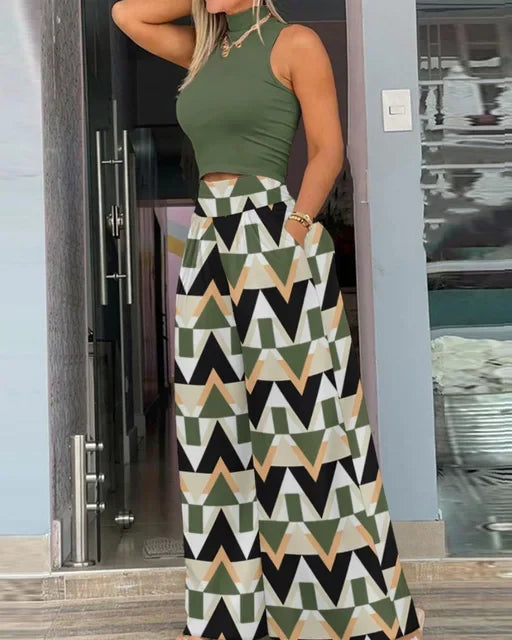 Sleeveless Printed Fashion 2 Piece Pants Set