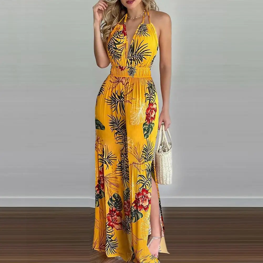 Sexy Sleeveless Halter Jumpsuit Women 2022 Summer Romper Floral Print Wide Leg Long Pants for Women Jumpsuits комбинезон женский