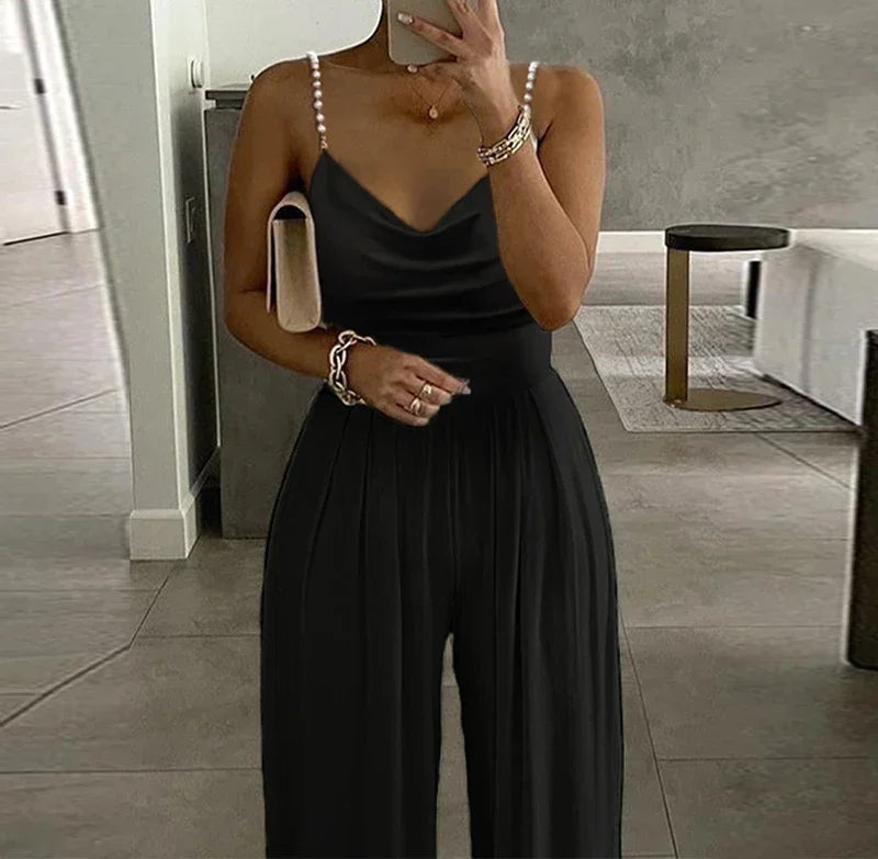 Sleeveless Jump Suits for Women Streetwear 2023 Autumn Pearl Suspender Wide Leg V-neck Backless Long Pants Jumpsuits of Female