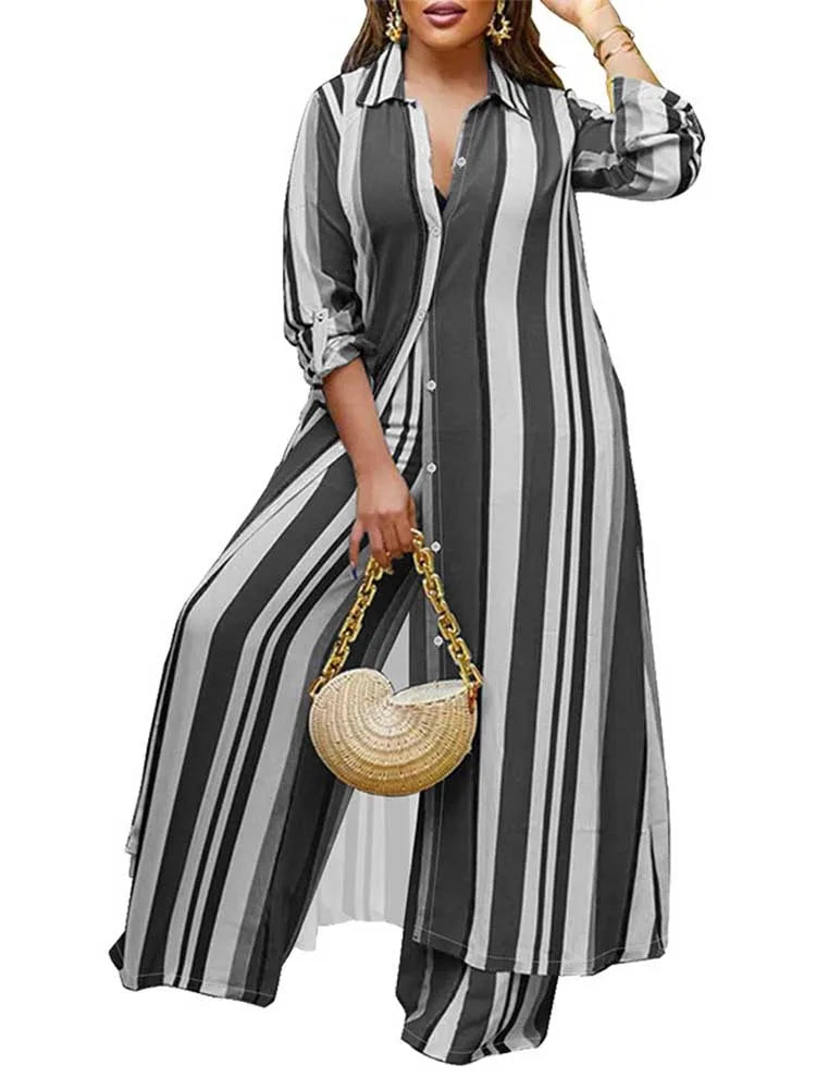 Elegant 2-piece Sets for Women Fall Winter Outfits Pants Suit with Long Shirt Blouse Full Sleeve Striped Plus Size Matching Sets
