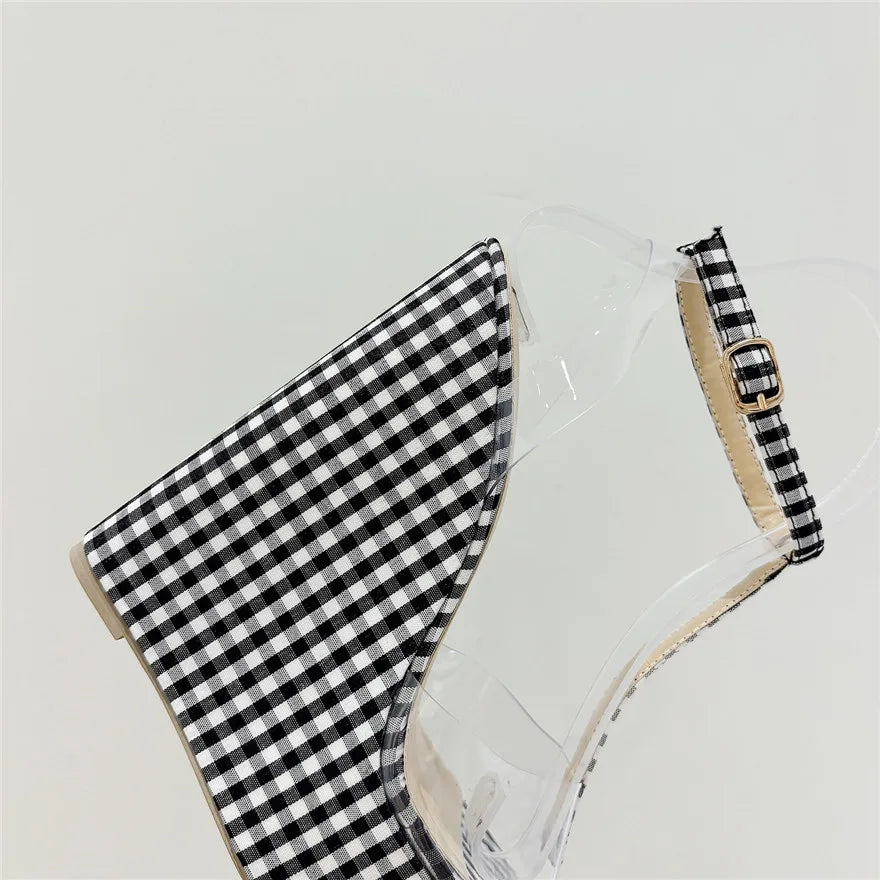 Plaid Fabric Platform Women Sandals 2025 Sexy Transparent PVC Open Toe High Heels Pumps Ankle T-Buckle Bohemia Wedge Shoes Woman