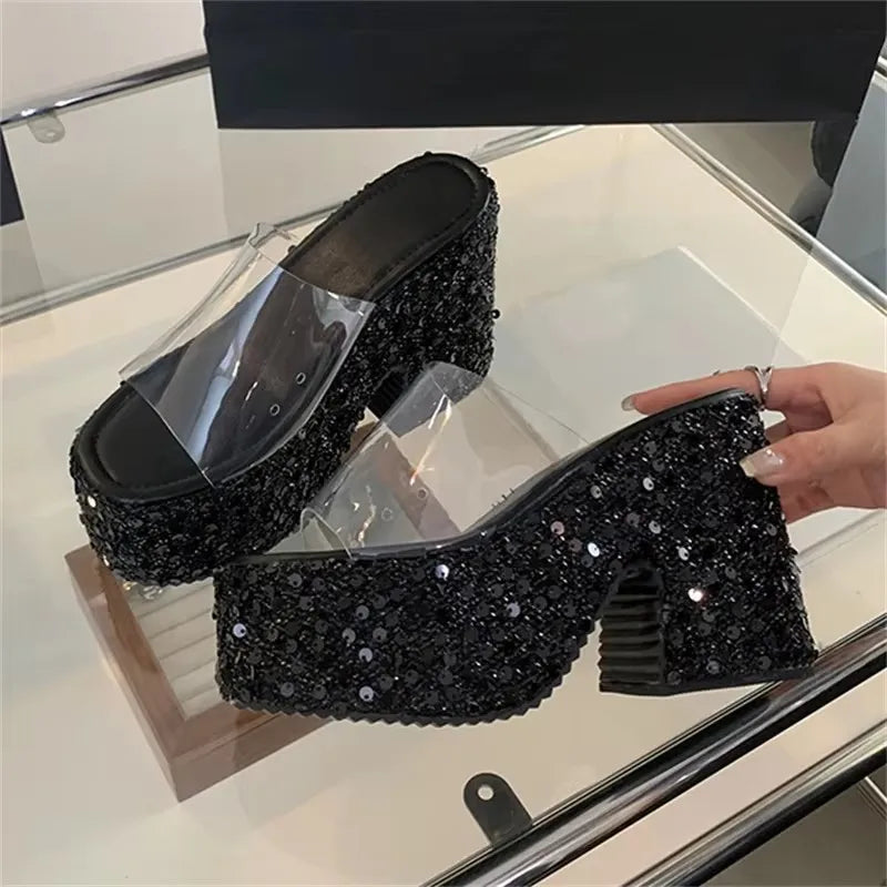 Eilyken Summer PVC Transparen Sequin Cloth Platform Open Toe Women's Slippers Designer Square High Heels Shoes Zapatos De Mujer