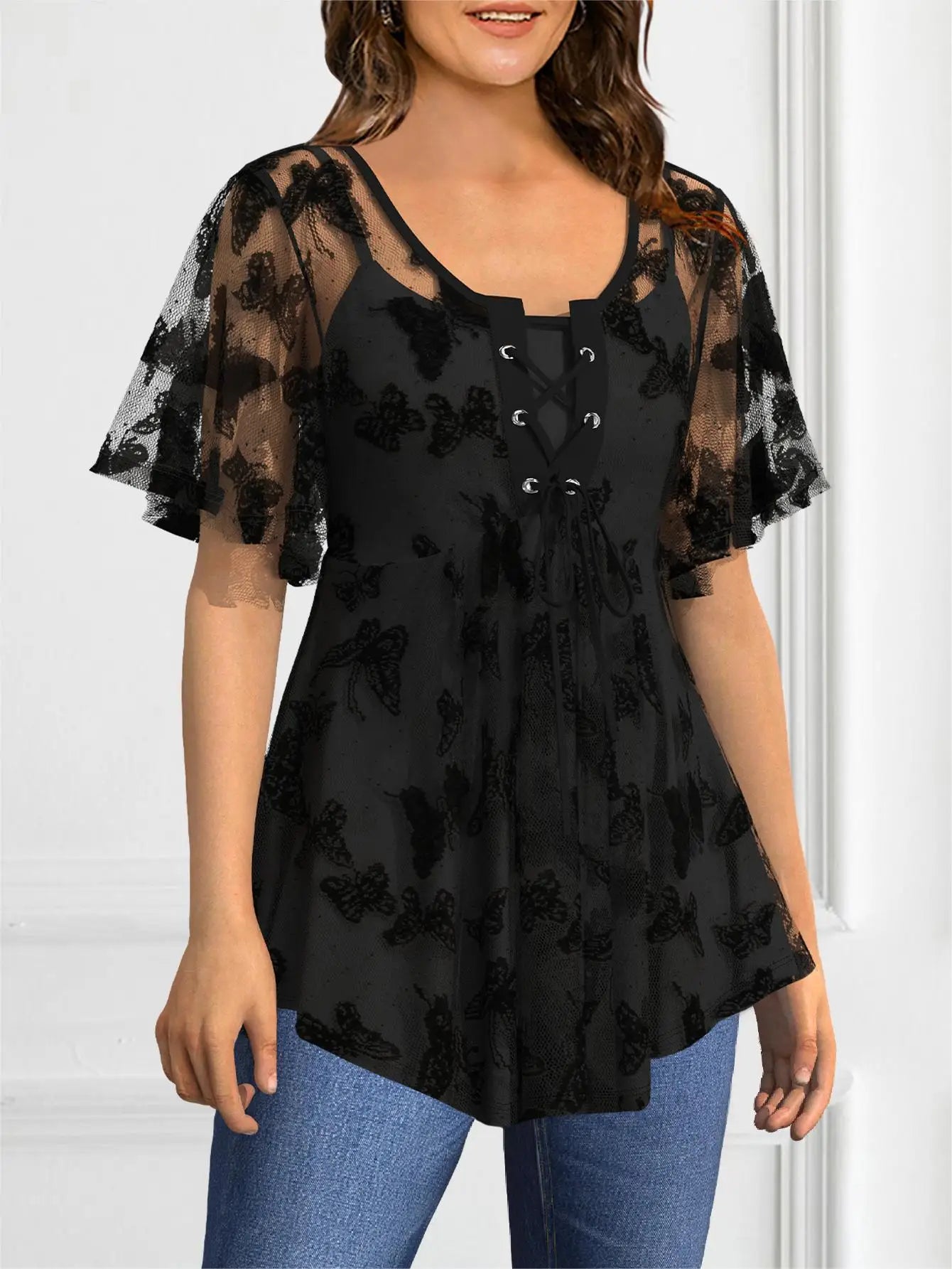 Casual Butterfly Lace-Up Sheer Top
