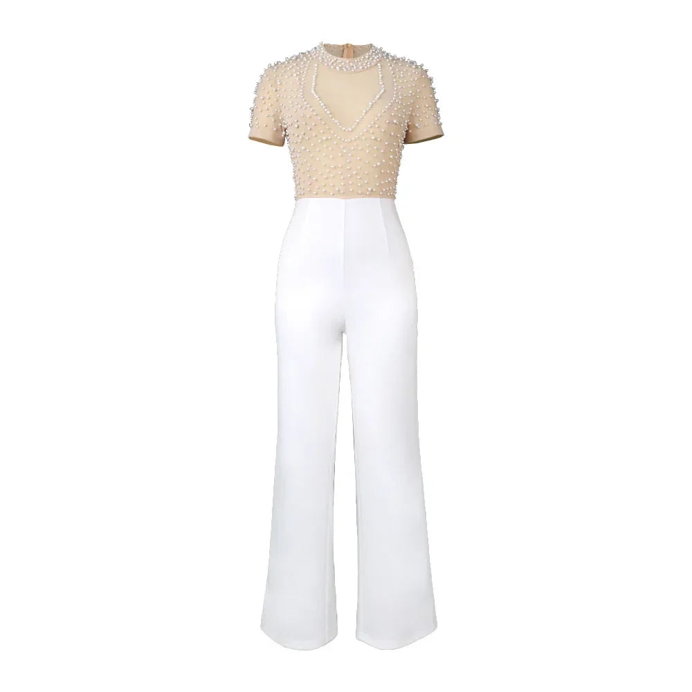 Customized Elegant Jumpsuits & Rompers for Women O Nec Short Sleeve Beaded High Waisted Luxury Female Birthday Dinner Party Over