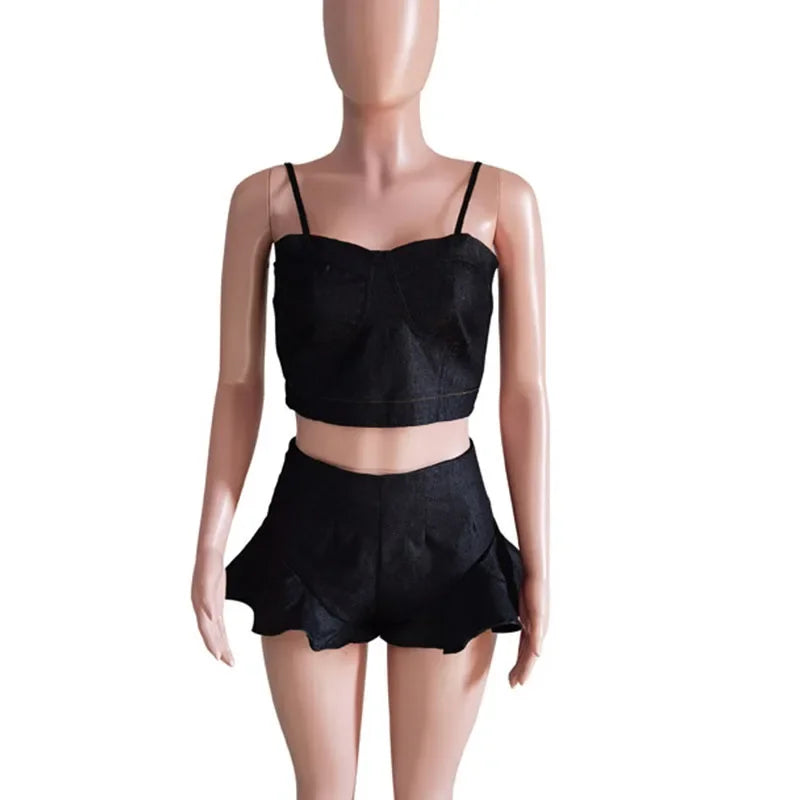 Sexy Denim 2 Piece Sets Womens Outfits Summer 2024 Crop Tops and Ruffles Shorts Sets Party Club Jeans Birthday Matching Sets