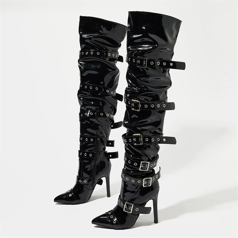 Eilyken Sexy Thin High Heels Patent Leather Women Over The Knee Boot Design Style Narrow Band Buckle Strap Stripper Shoes