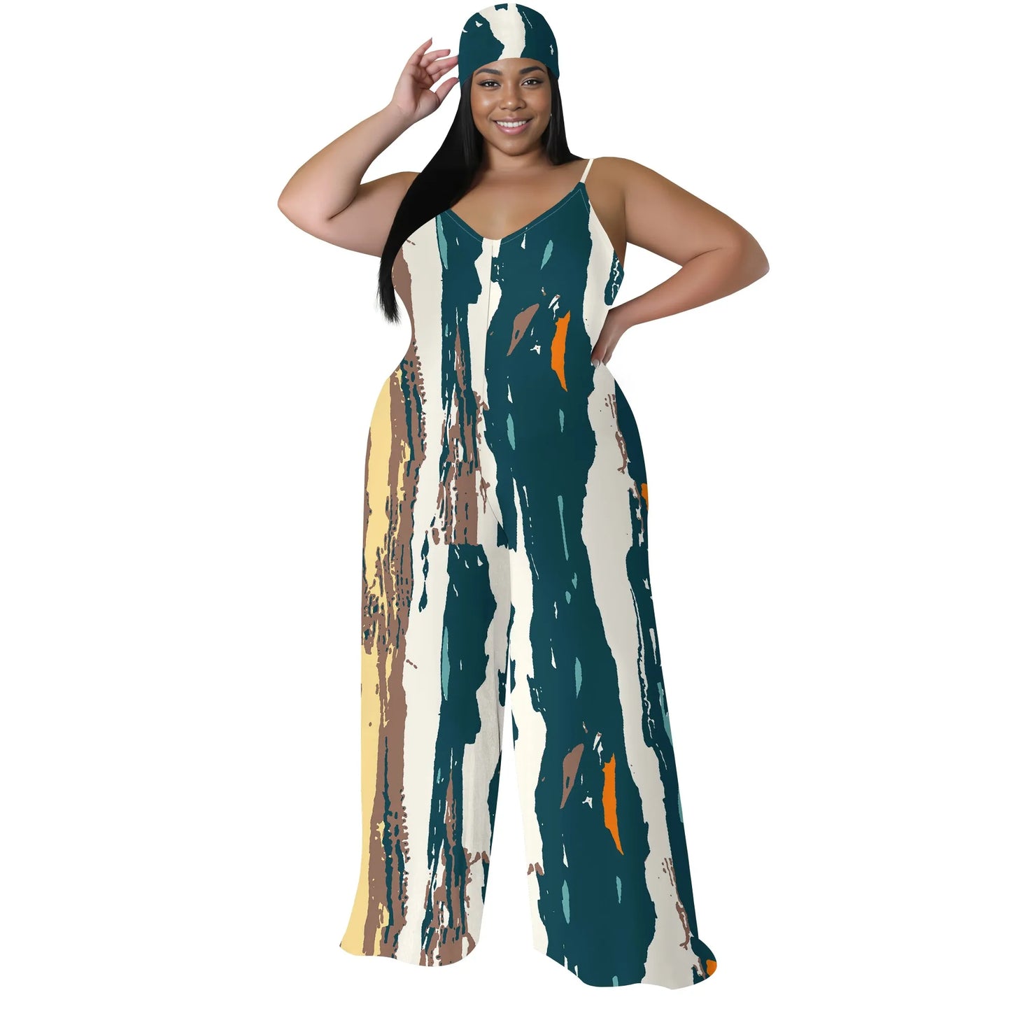 Plus Size Printed Jumpsuit - Strapless Wide Leg Romper with Scarf, Boho Palazzo Pants for Women