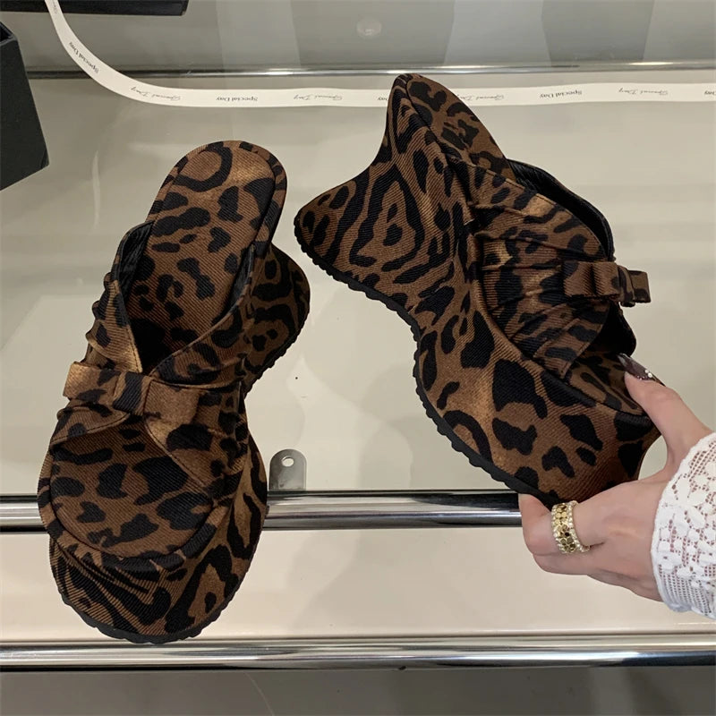Eilyken Sexy Leopard Print Butterfl-Knot Platform Wedges Women's Slippers Street Style Summer High Heels Banquet Shoes