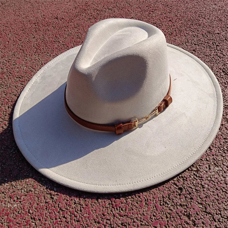 Suede fedora hat with same color accessories teardrop top wide brim hat for men and women Panama hat chapeau homme sombrero