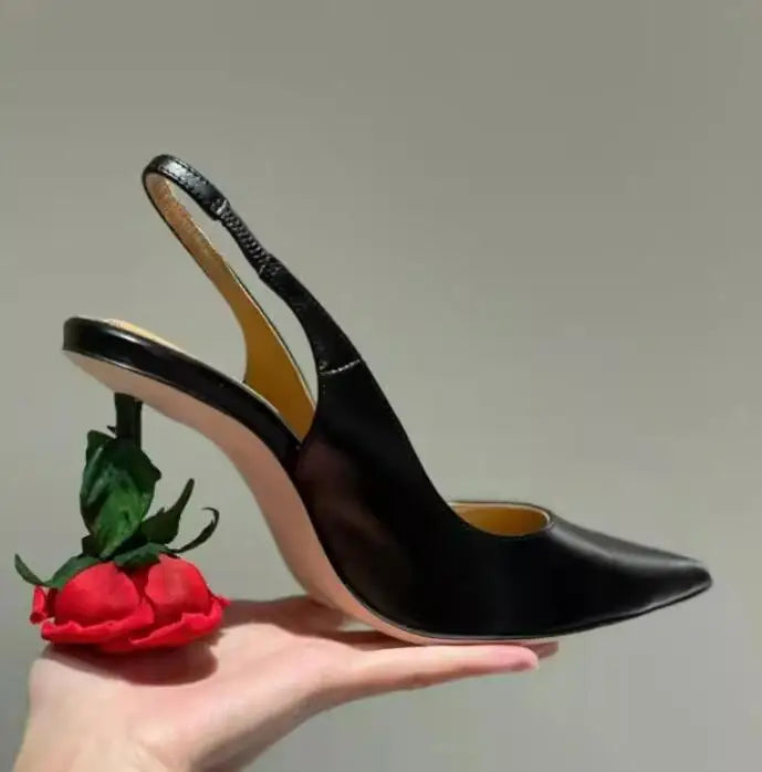 Rose Flower Slingback Real Leather Unique Heels