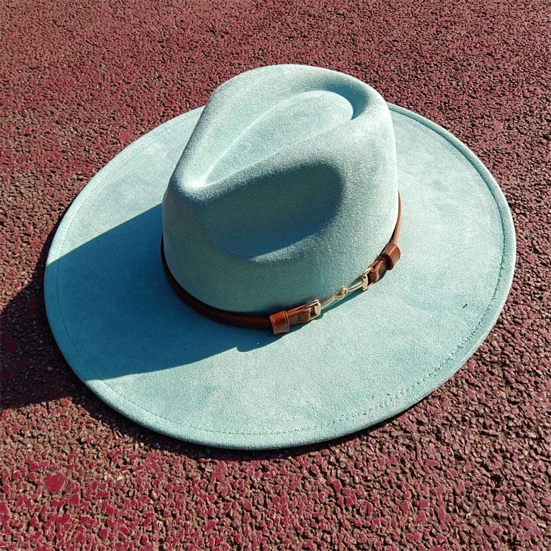 Suede fedora hat with same color accessories teardrop top wide brim hat for men and women Panama hat chapeau homme sombrero